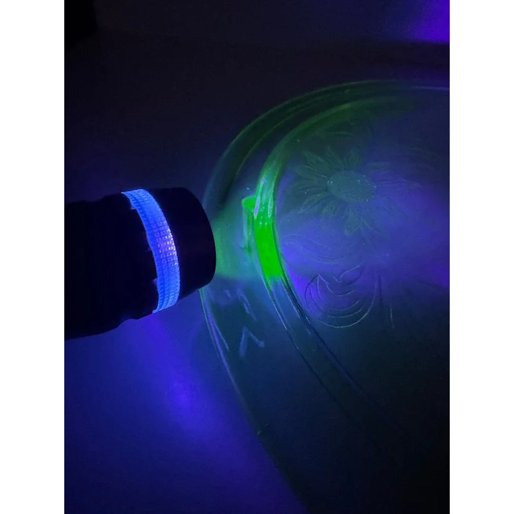 Vintage Uranium Depression Glass Cake Plate Floral Pattern Footed Glows Under UV